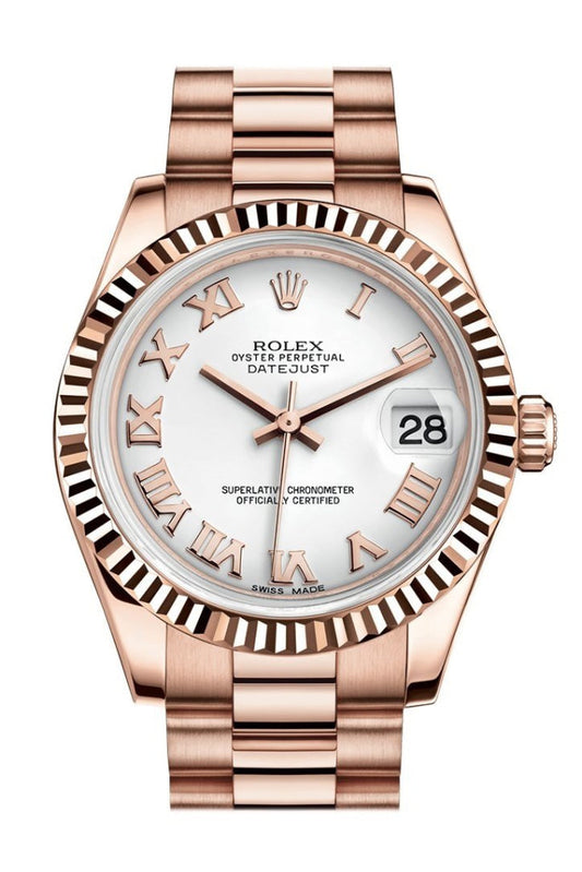 Rolex Datejust 31 White Roman Dial Fluted Bezel 18K Everose Gold President Ladies Watch 178275 Pre-owned