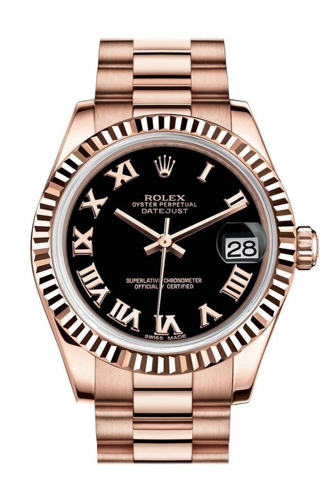 Rolex Datejust 31 Black Roman Dial Fluted Bezel 18K Everose Gold President Ladies Watch 178275 Pre-owned