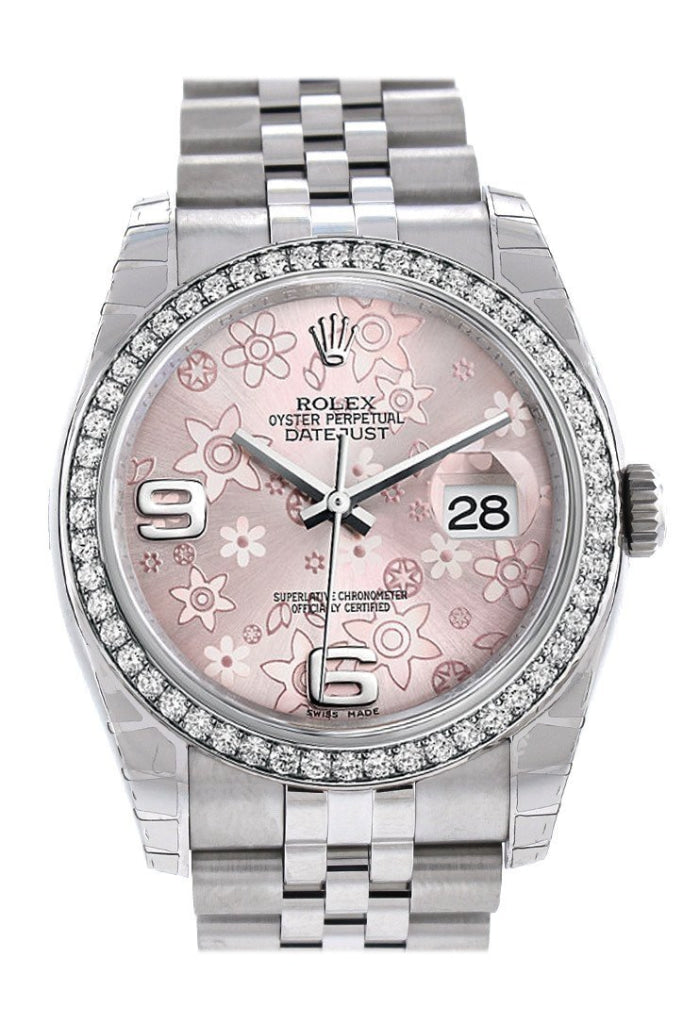 Rolex Datejust 36 Pink Floral Motif Dial 18k White Gold Diamond Bezel Jubilee Watch 116244 Pre-owned