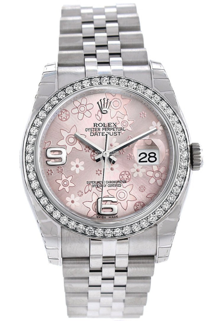 Rolex Datejust 36 Pink Floral Motif Dial 18k White Gold Diamond Bezel Jubilee Watch 116244 Pre-owned