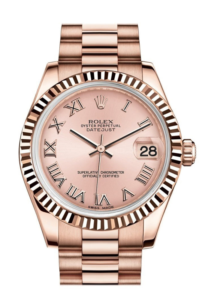 Rolex Datejust 31 Pink Roman Dial Fluted Bezel 18K Everose Gold President Ladies Watch 178275 Pre-owned