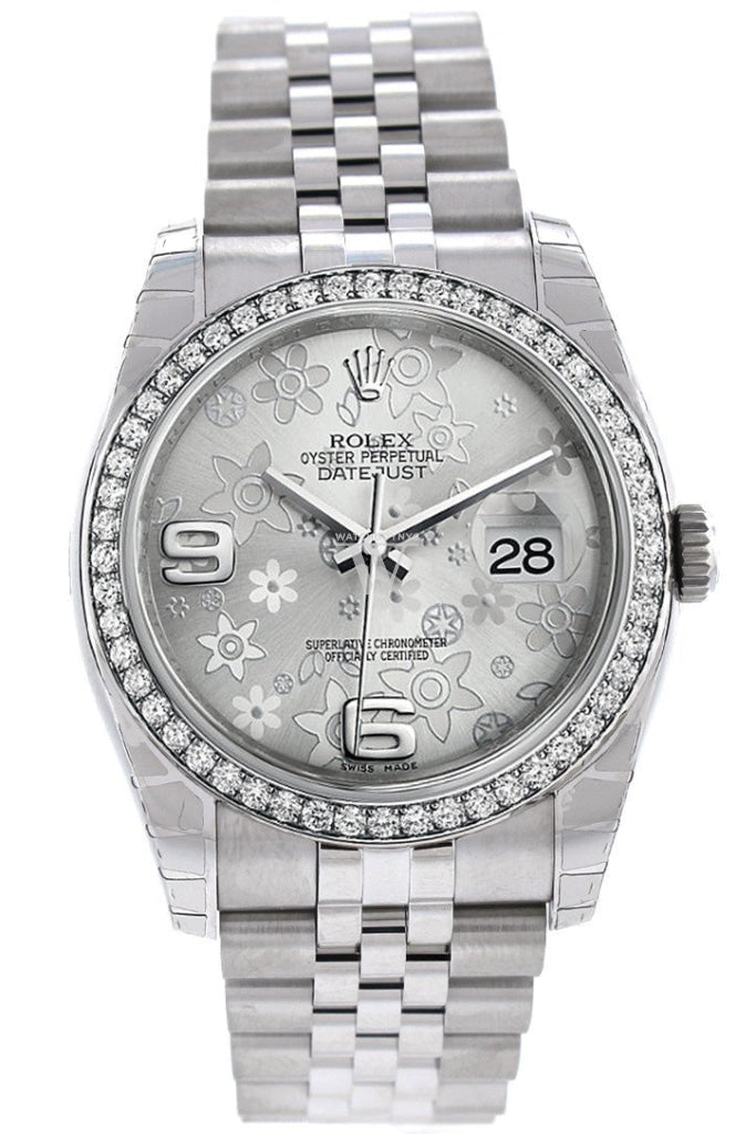 Rolex Datejust 36 Silver Floral Motif Dial 18k White Gold Diamond Bezel Jubilee Men's Watch 116244 Pre-owned