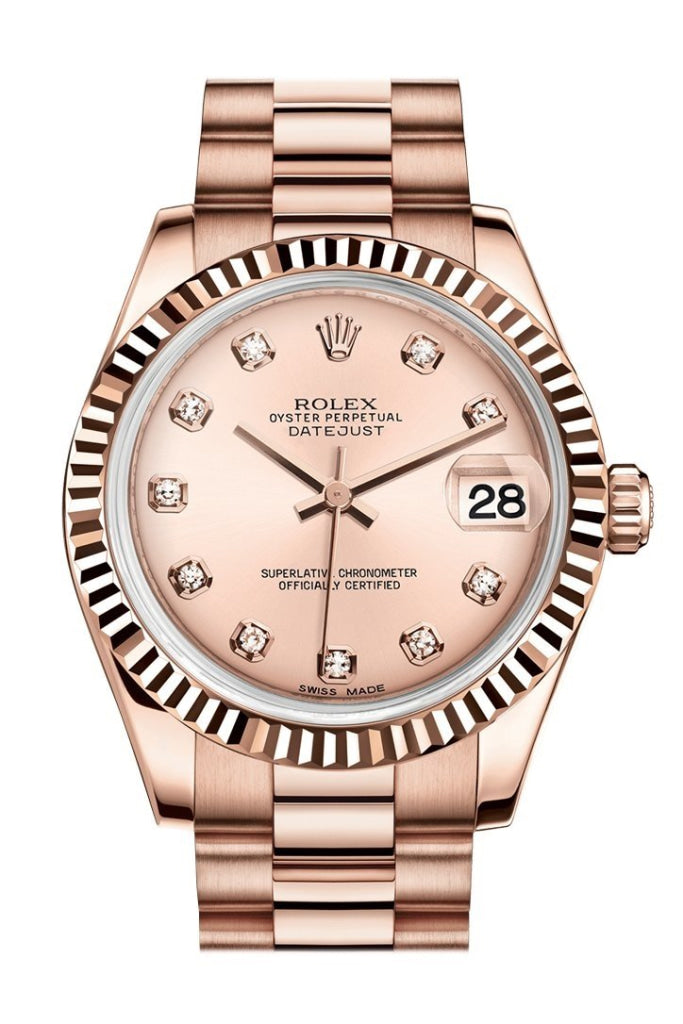 Rolex Datejust 31 Pink Diamond Dial Fluted Bezel 18K Everose Gold President Ladies Watch 178275 Pre-owned