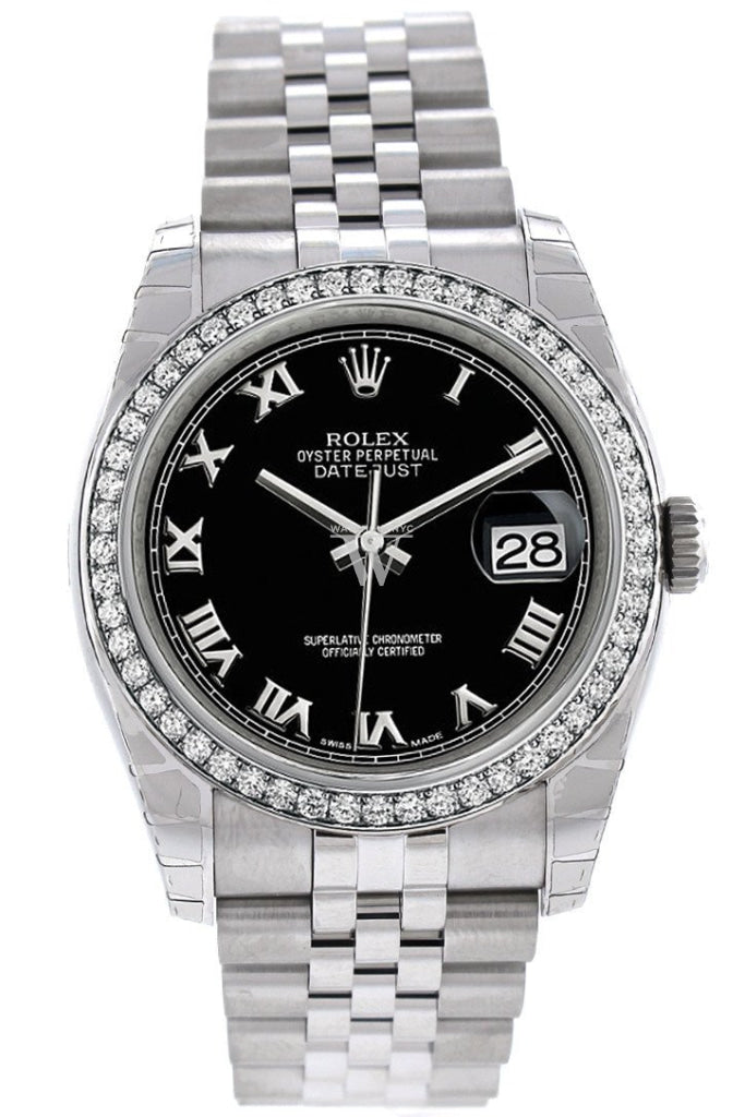 Rolex Datejust 36 Black Roman Dial 18k White Gold Diamond Bezel Jubilee Men's Watch 116244 Pre-owned