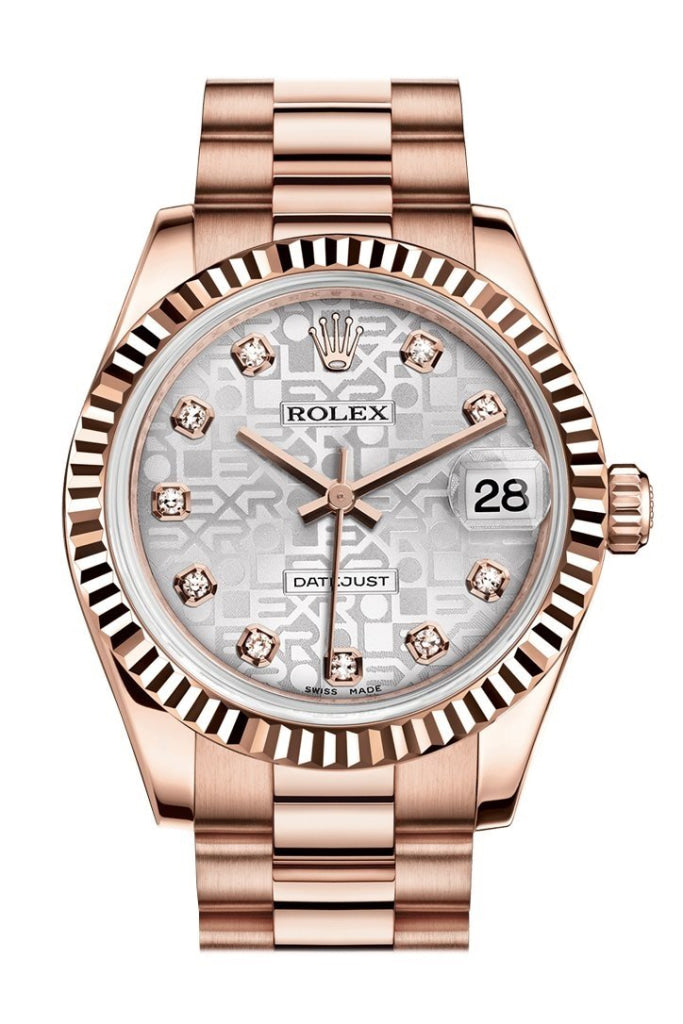 Rolex Datejust 31 Silver Jubilee Diamond Dial Fluted Bezel 18K Everose Gold President Ladies Watch 178275 Pre-owned