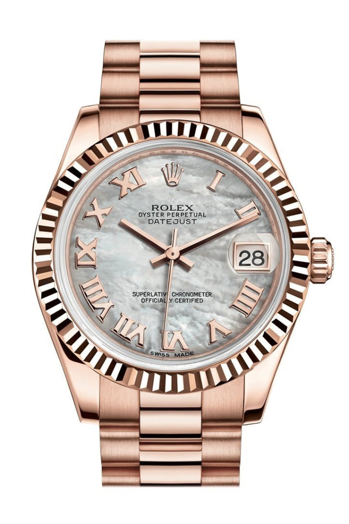 Rolex Datejust 31 White Mother of Pearl Roman Dial Fluted Bezel 18K Everose Gold President Ladies Watch 178275 Pre-owned