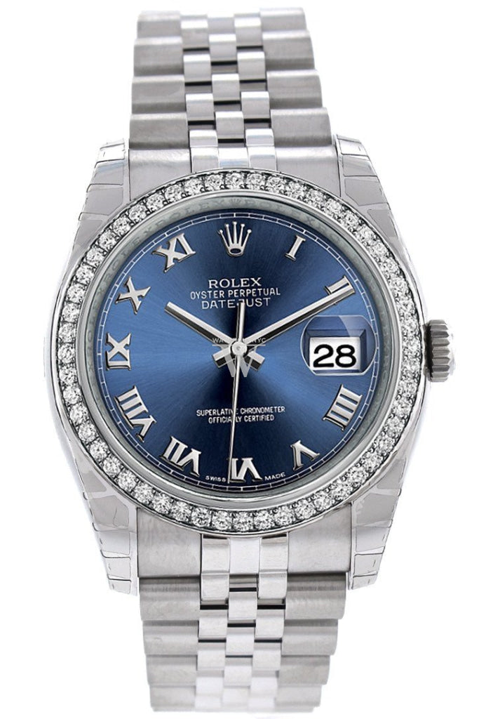 Rolex Datejust 36 Blue Roman Dial 18k White Gold Diamond Bezel Jubilee Men's Watch 116244 Pre-owned