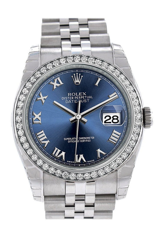 Rolex Datejust 36 Blue Roman Dial 18k White Gold Diamond Bezel Jubilee Men's Watch 116244 Pre-owned