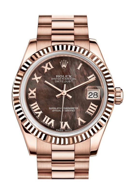 Rolex Datejust 31 Black Mother of Pearl Roman Dial Fluted Bezel 18K Everose Gold President Ladies Watch 178275 Pre-owned