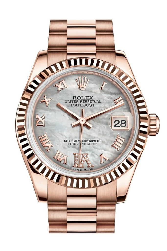 Rolex Datejust 31 White Mother of Pearl Roman Large VI Diamond Dial Fluted Bezel 18K Everose Gold President Ladies Watch 178275 Pre-owned