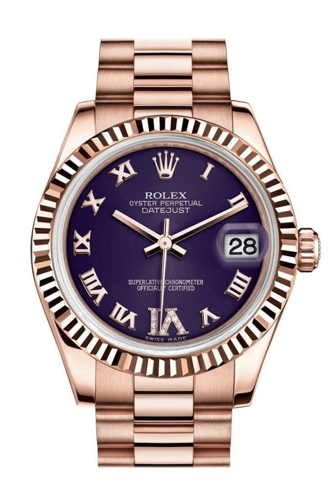 Rolex Datejust 31 Purple Large VI set with Diamond Dial Fluted Bezel 18K Everose Gold President Ladies Watch 178275 Pre-owned