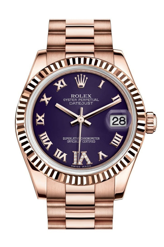 Rolex Datejust 31 Purple Large VI set with Diamond Dial Fluted Bezel 18K Everose Gold President Ladies Watch 178275 Pre-owned