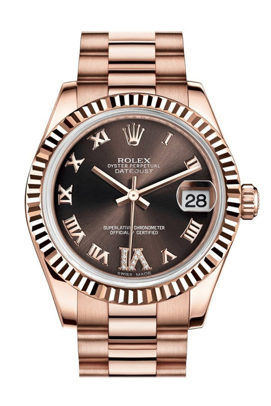 Rolex Datejust 31 Chocolate Large VI set with Diamond Dial Fluted Bezel 18K Everose Gold President Ladies Watch 178275 Pre-owned