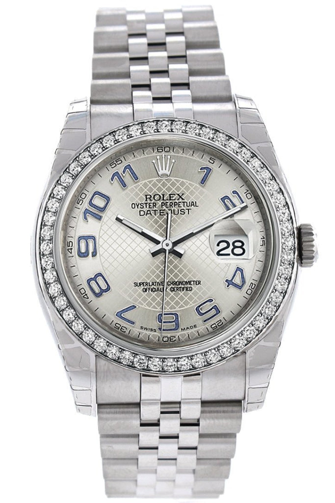 Rolex Datejust 36 Silver Arab Dial 18k White Gold Diamond Bezel Jubilee Men's Watch 116244 Pre-owned