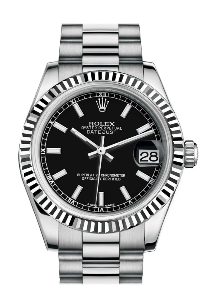 Rolex Datejust 31 Black Dial Fluted Bezel 18K White Gold President Ladies Watch 178279 Pre-owned
