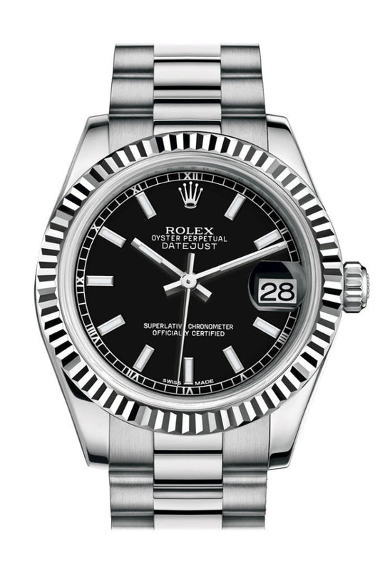Rolex Datejust 31 Black Dial Fluted Bezel 18K White Gold President Ladies Watch 178279 Pre-owned