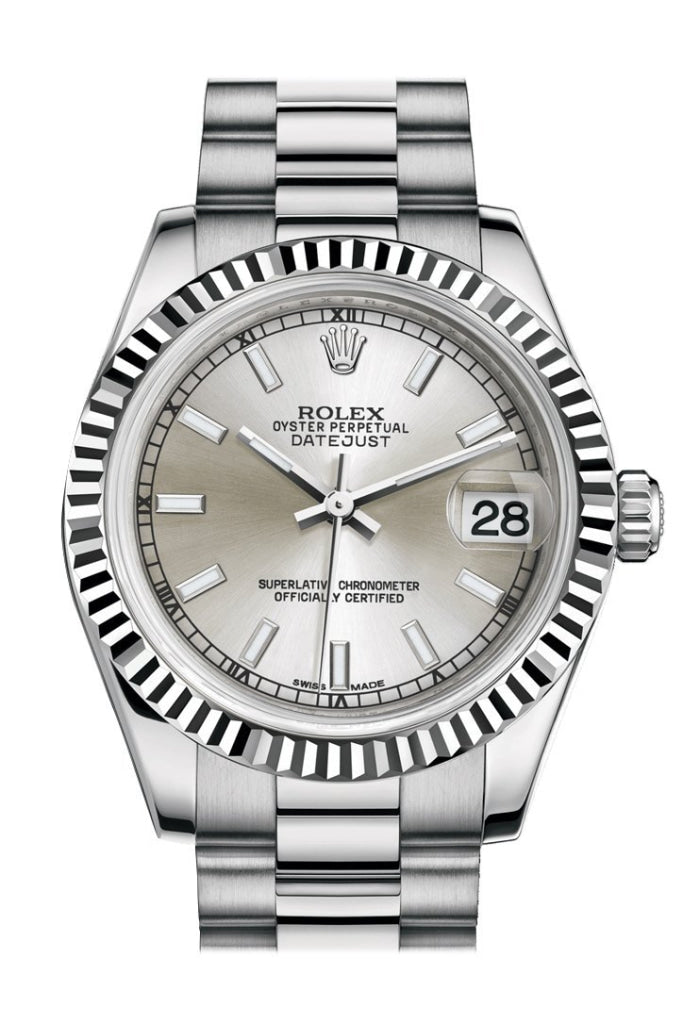 Rolex Datejust 31 Silver Dial Fluted Bezel 18K White Gold President Ladies Watch 178279 Pre-owned