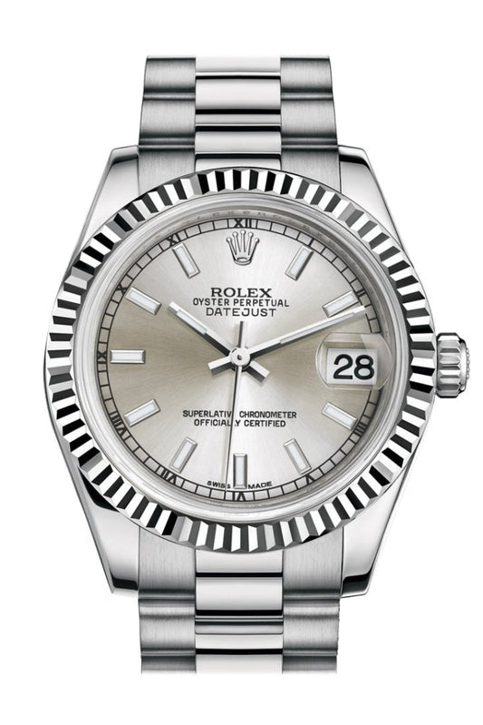 Rolex Datejust 31 Silver Dial Fluted Bezel 18K White Gold President Ladies Watch 178279 Pre-owned