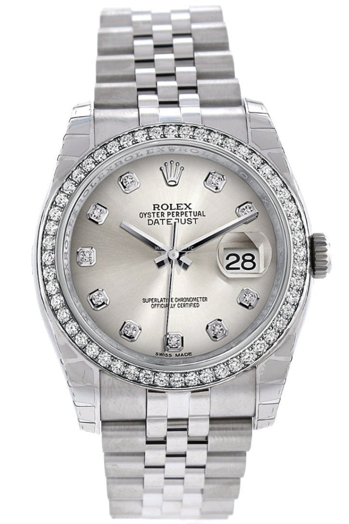 Rolex Datejust 36 Silver Diamonds Dial 18k White Gold Diamond Bezel Jubilee Men's Watch 116244 Pre-owned