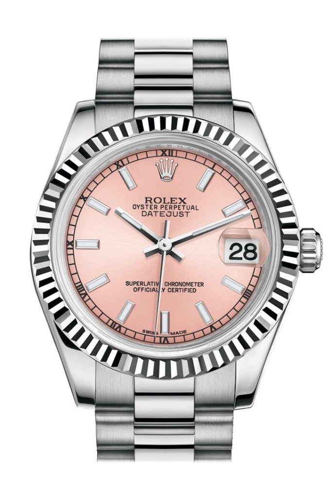 Rolex Datejust 31 Pink Dial Fluted Bezel 18K White Gold President Ladies Watch 178279 Pre-owned