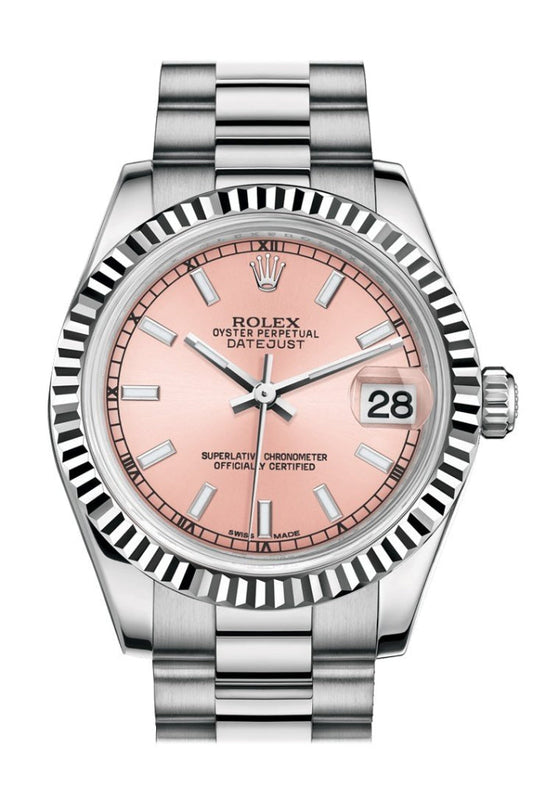 Rolex Datejust 31 Pink Dial Fluted Bezel 18K White Gold President Ladies Watch 178279 Pre-owned