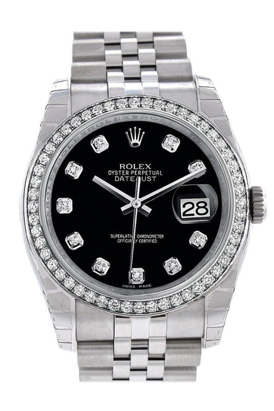 Rolex Datejust 36 Black set with Diamonds Dial 18k White Gold Diamond Bezel Jubilee Men's Watch 116244 Pre-owned