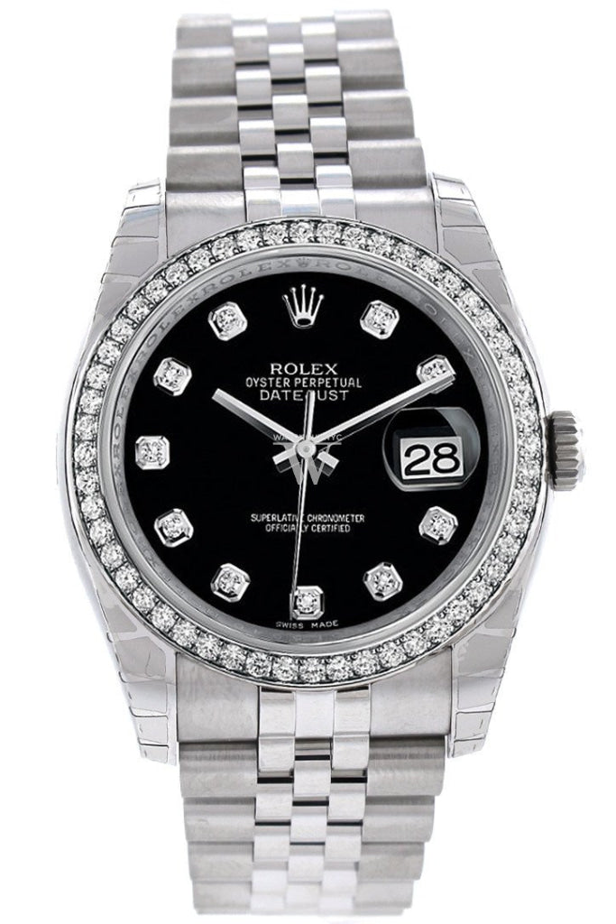 Rolex Datejust 36 Black set with Diamonds Dial 18k White Gold Diamond Bezel Jubilee Men's Watch 116244 Pre-owned