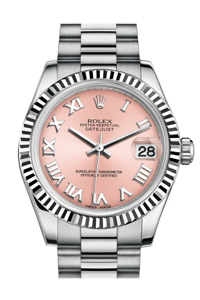 Rolex Datejust 31 Pink Roman Dial Fluted Bezel 18K White Gold President Ladies Watch 178279 Pre-owned
