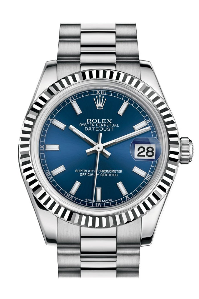 Rolex Datejust 31 Blue Dial Fluted Bezel 18K White Gold President Ladies Watch 178279 Pre-owned