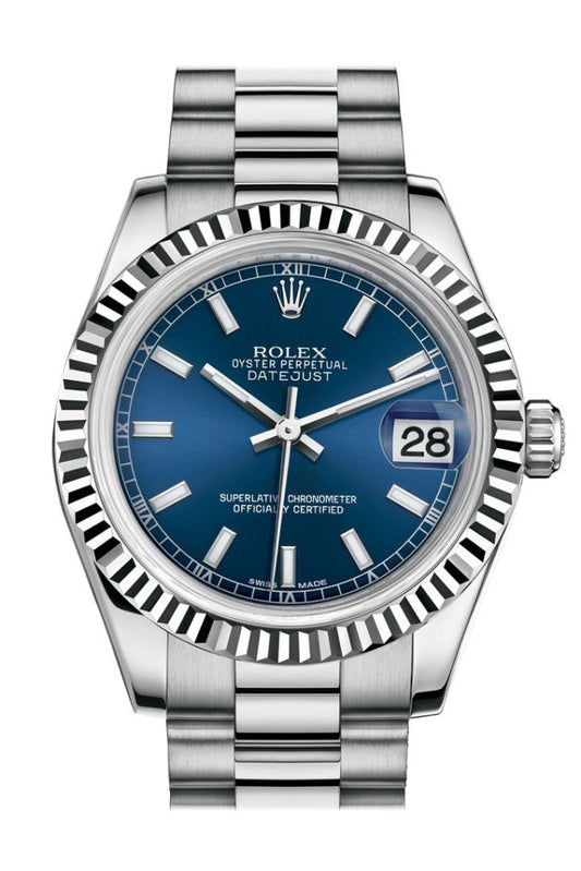 Rolex Datejust 31 Blue Dial Fluted Bezel 18K White Gold President Ladies Watch 178279 Pre-owned