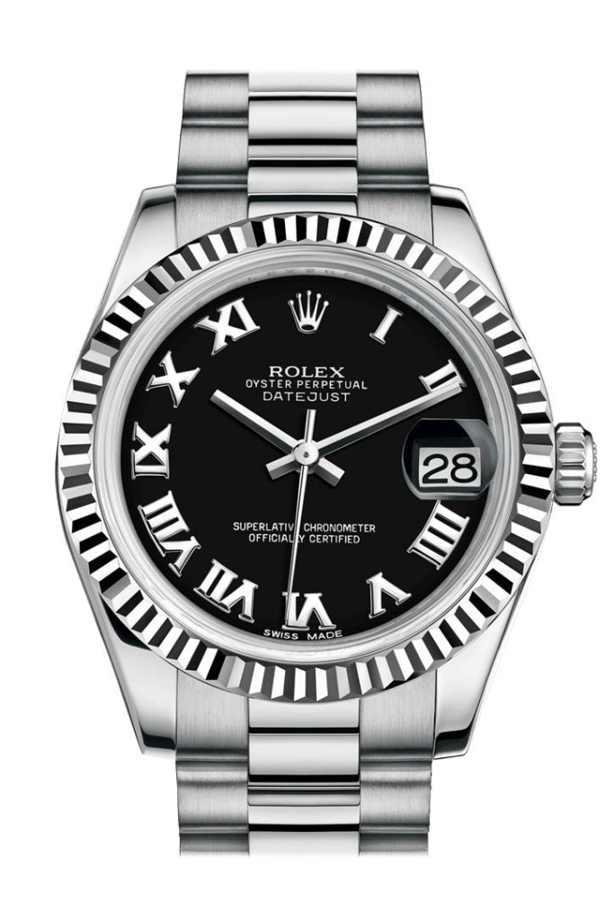 Rolex Datejust 31 Black Roman Dial Fluted Bezel 18K White Gold President Ladies Watch 178279 Pre-owned