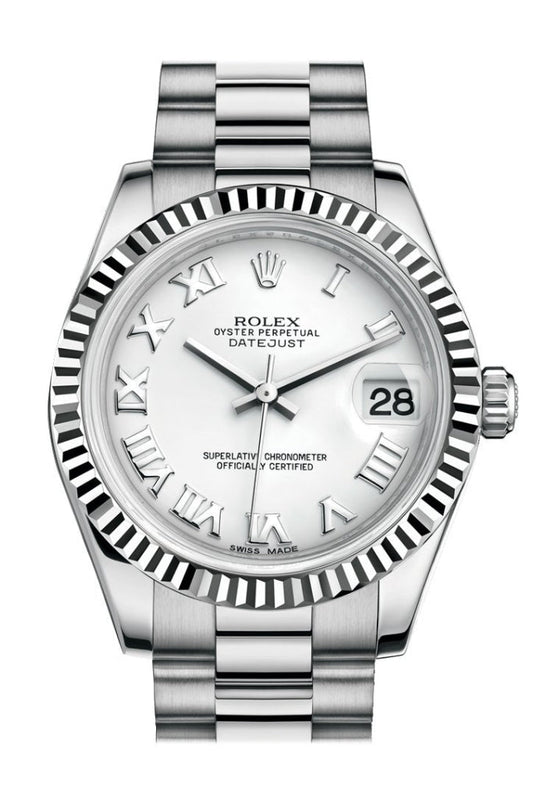Rolex Datejust 31 White Roman Dial Fluted Bezel 18K White Gold President Ladies Watch 178279 Pre-owned