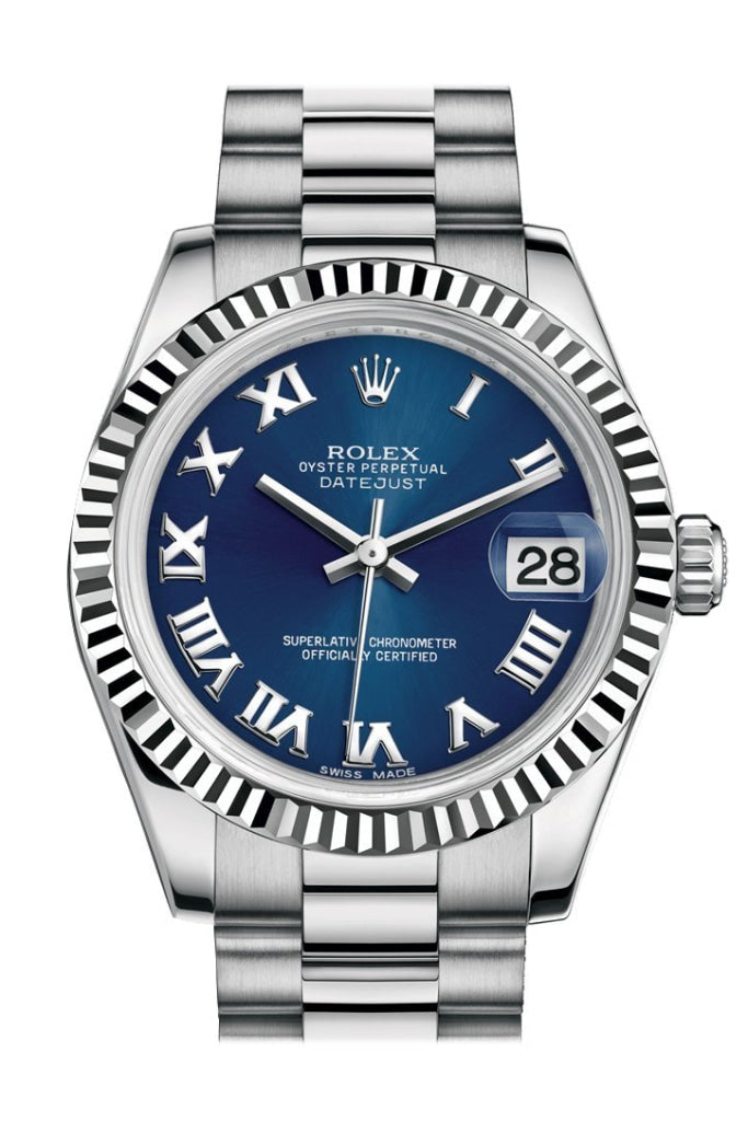 Rolex Datejust 31 Blue Roman Dial Fluted Bezel 18K White Gold President Ladies Watch 178279 Pre-owned