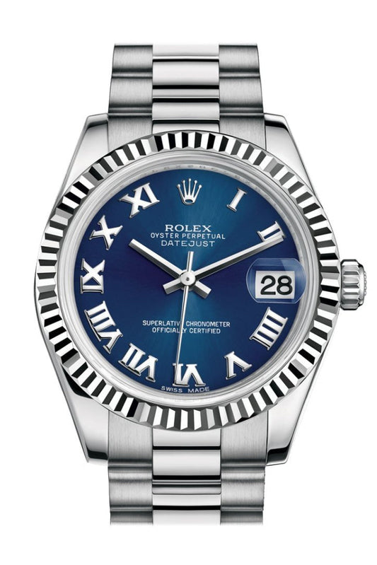 Rolex Datejust 31 Blue Roman Dial Fluted Bezel 18K White Gold President Ladies Watch 178279 Pre-owned