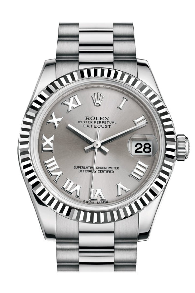 Rolex Datejust 31 Rhodium Roman Dial Fluted Bezel 18K White Gold President Ladies Watch 178279 Pre-owned