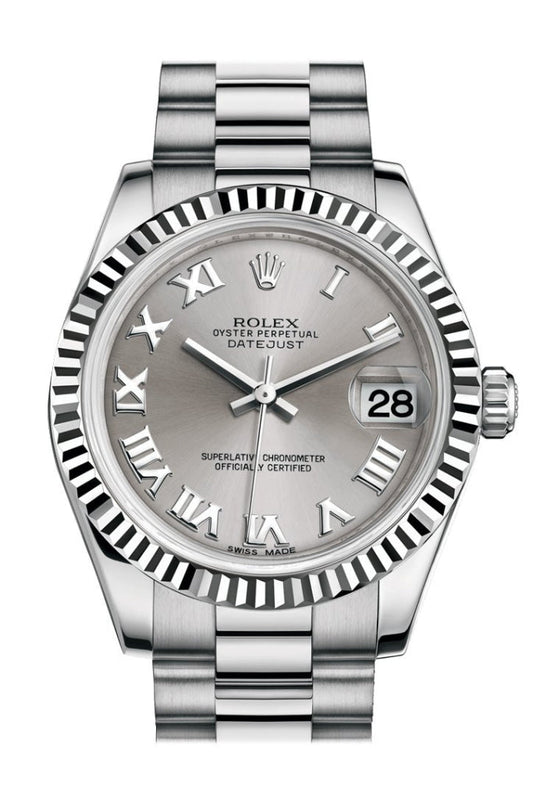 Rolex Datejust 31 Rhodium Roman Dial Fluted Bezel 18K White Gold President Ladies Watch 178279 Pre-owned