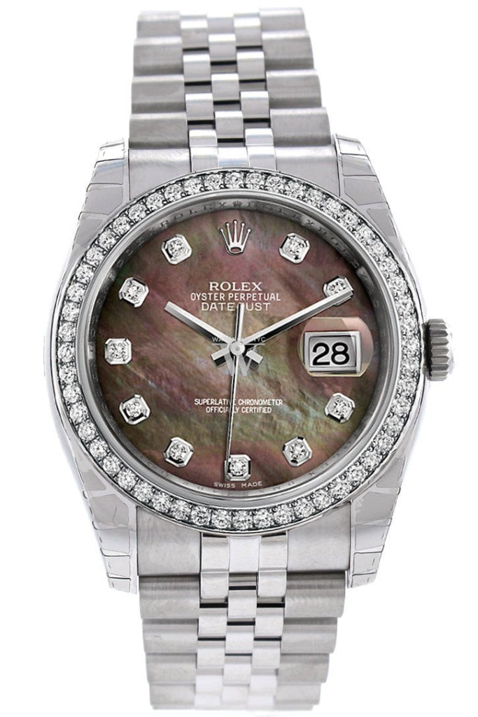 Rolex Datejust 36 Black Mother-of-pearl Diamonds Dial 18k White Gold Diamond Bezel Jubilee Men's Watch 116244 Pre-owned