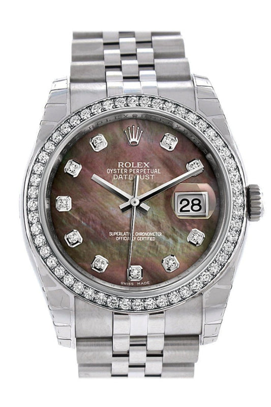 Rolex Datejust 36 Black Mother-of-pearl Diamonds Dial 18k White Gold Diamond Bezel Jubilee Men's Watch 116244 Pre-owned