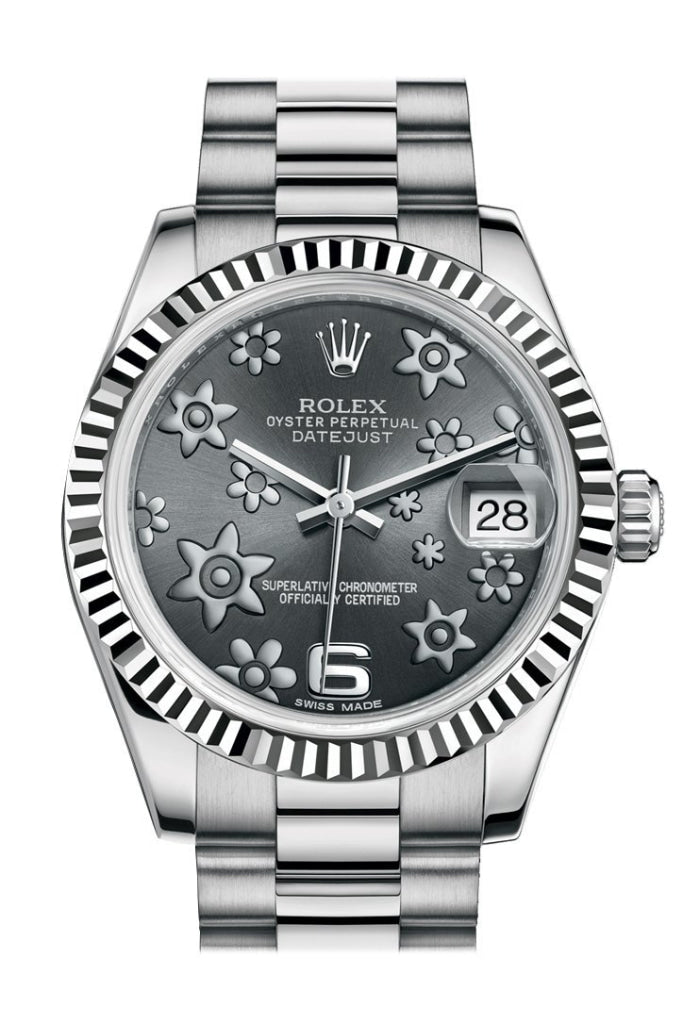 Rolex Datejust 31 Dark Rhodium Raised Floral Motif Dial Fluted Bezel 18K White Gold President Ladies Watch 178279 Pre-owned