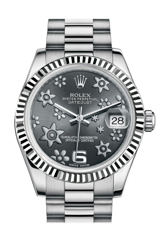Rolex Datejust 31 Dark Rhodium Raised Floral Motif Dial Fluted Bezel 18K White Gold President Ladies Watch 178279 Pre-owned