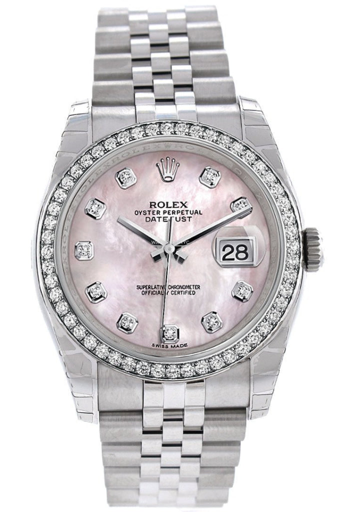Rolex Datejust 36 Pink Mother-of-pearl Diamonds Dial 18k White Gold Diamond Bezel Jubilee Men's Watch 116244 Pre-owned
