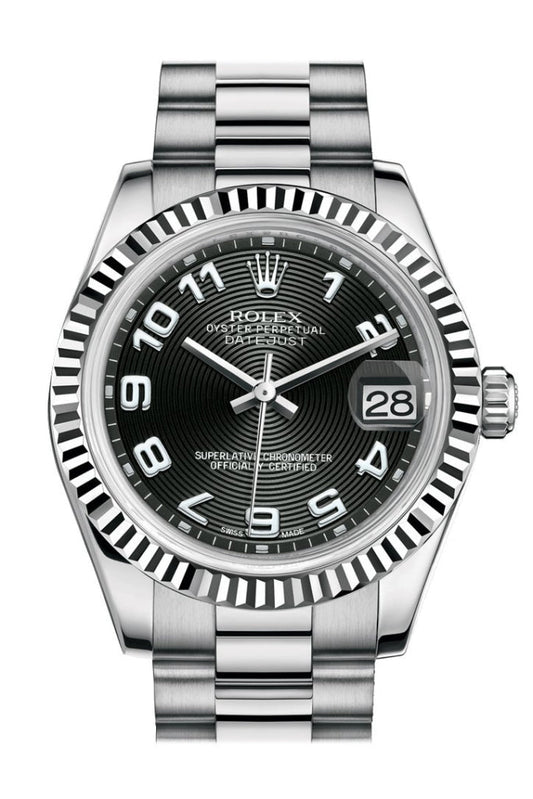 Rolex Datejust 31 Black Concentric Circles Arabic Dial Fluted Bezel 18K White Gold President Ladies Watch 178279 Pre-owned