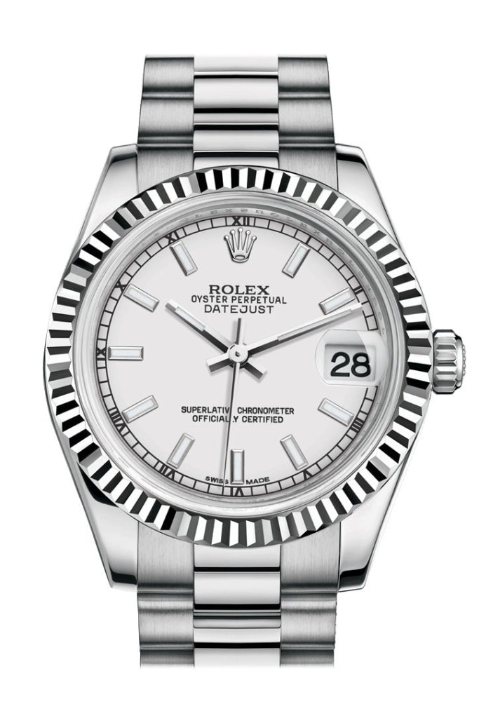 Rolex Datejust 31 White Dial Fluted Bezel 18K White Gold President Ladies Watch 178279 Pre-owned