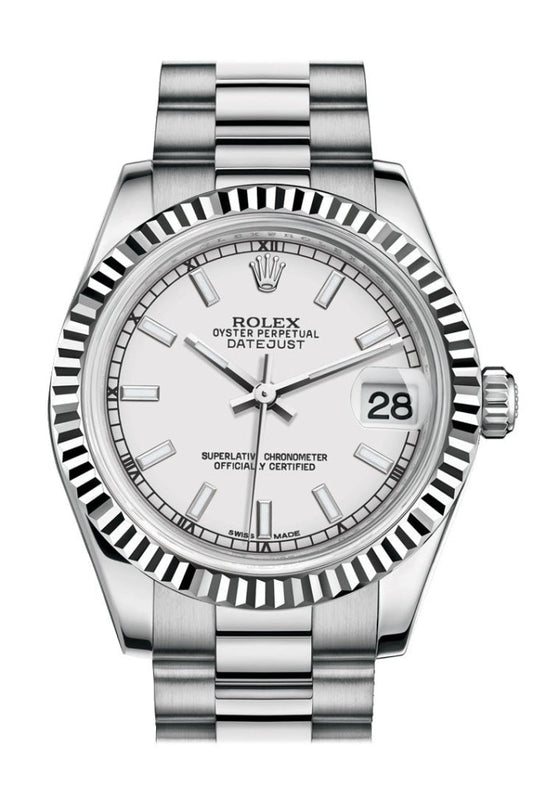 Rolex Datejust 31 White Dial Fluted Bezel 18K White Gold President Ladies Watch 178279 Pre-owned