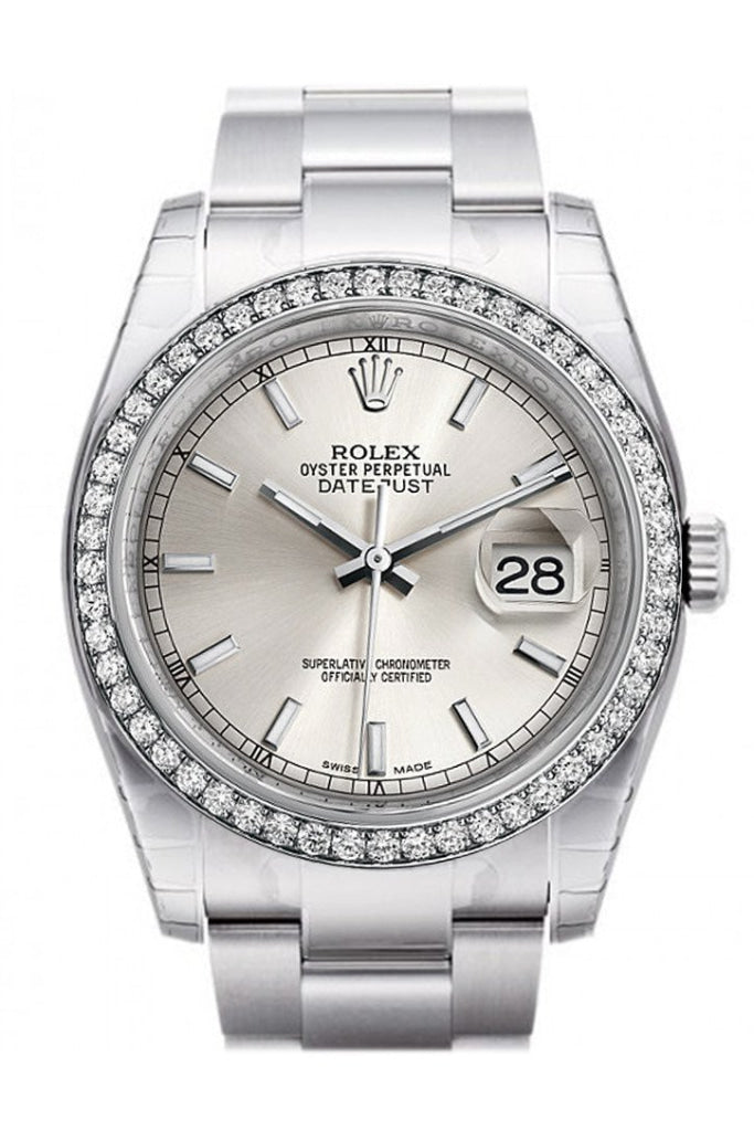 Rolex Datejust 36 Silver Dial 18k White Gold Diamond Bezel Men's Watch 116244 Pre-owned