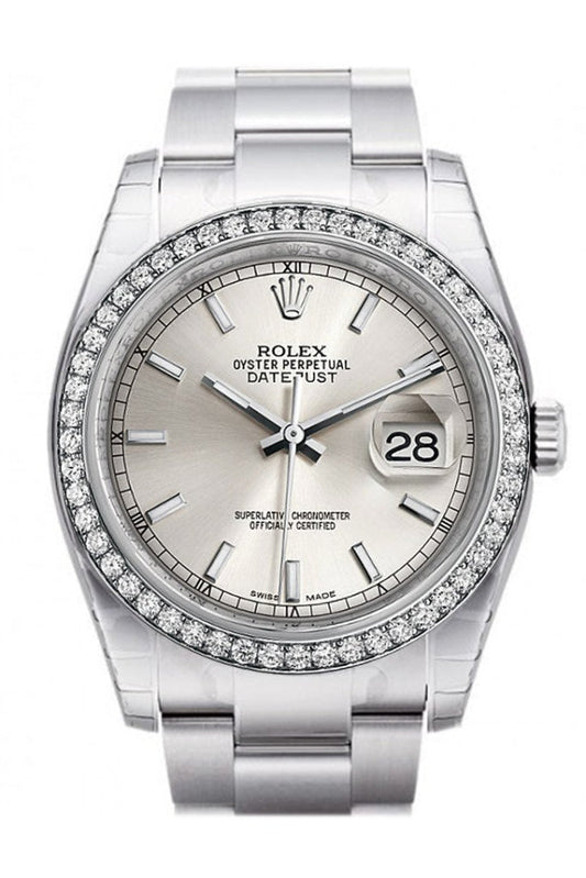 Rolex Datejust 36 Silver Dial 18k White Gold Diamond Bezel Men's Watch 116244 Pre-owned