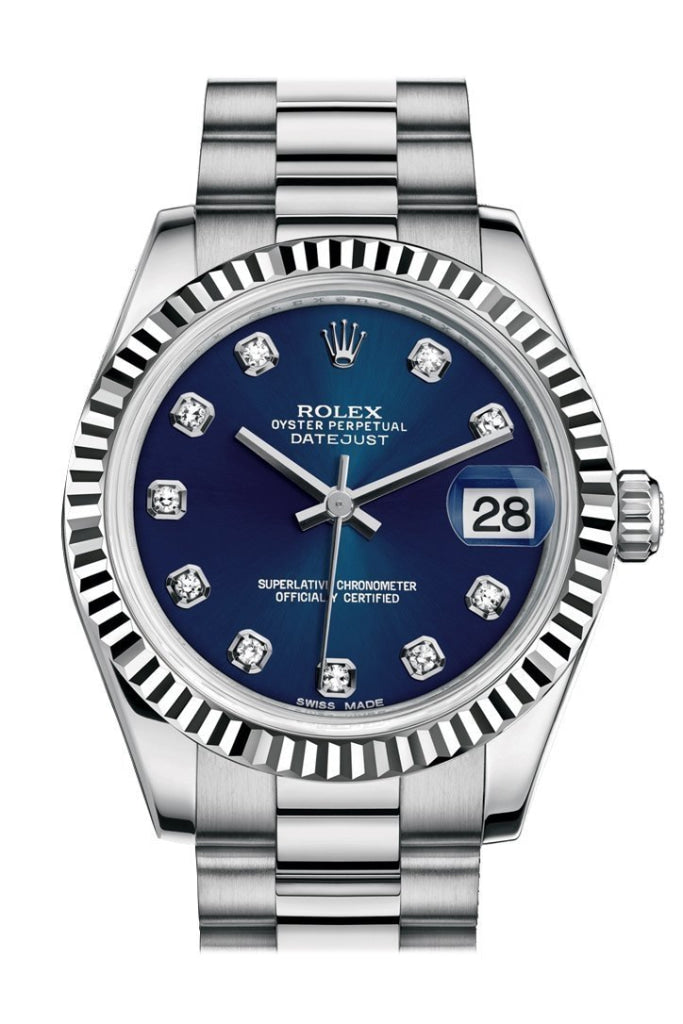 Rolex Datejust 31 Blue Diamond Dial Fluted Bezel 18K White Gold President Ladies Watch 178279 Pre-owned