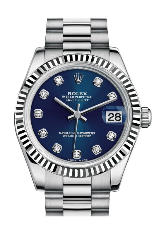 Rolex Datejust 31 Blue Diamond Dial Fluted Bezel 18K White Gold President Ladies Watch 178279 Pre-owned