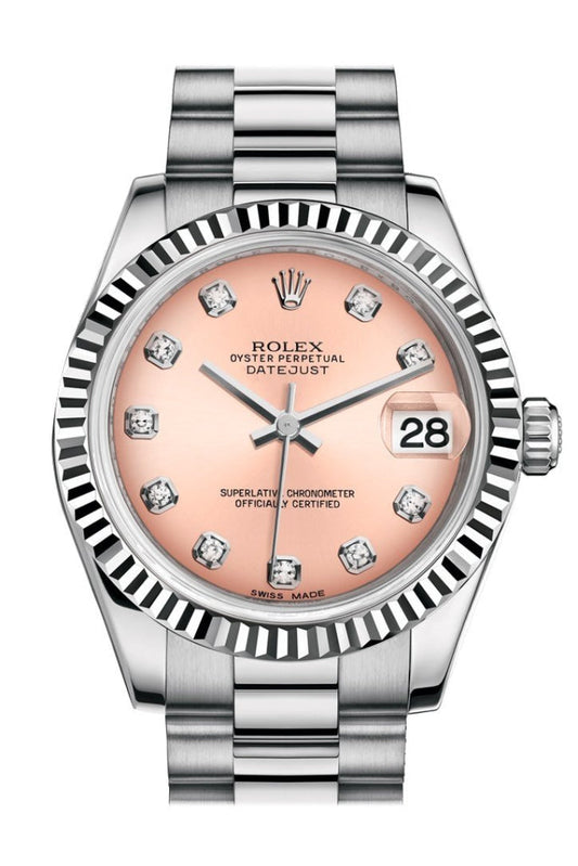 Rolex Datejust 31 Pink Diamond Dial Fluted Bezel 18K White Gold President Ladies Watch 178279 Pre-owned
