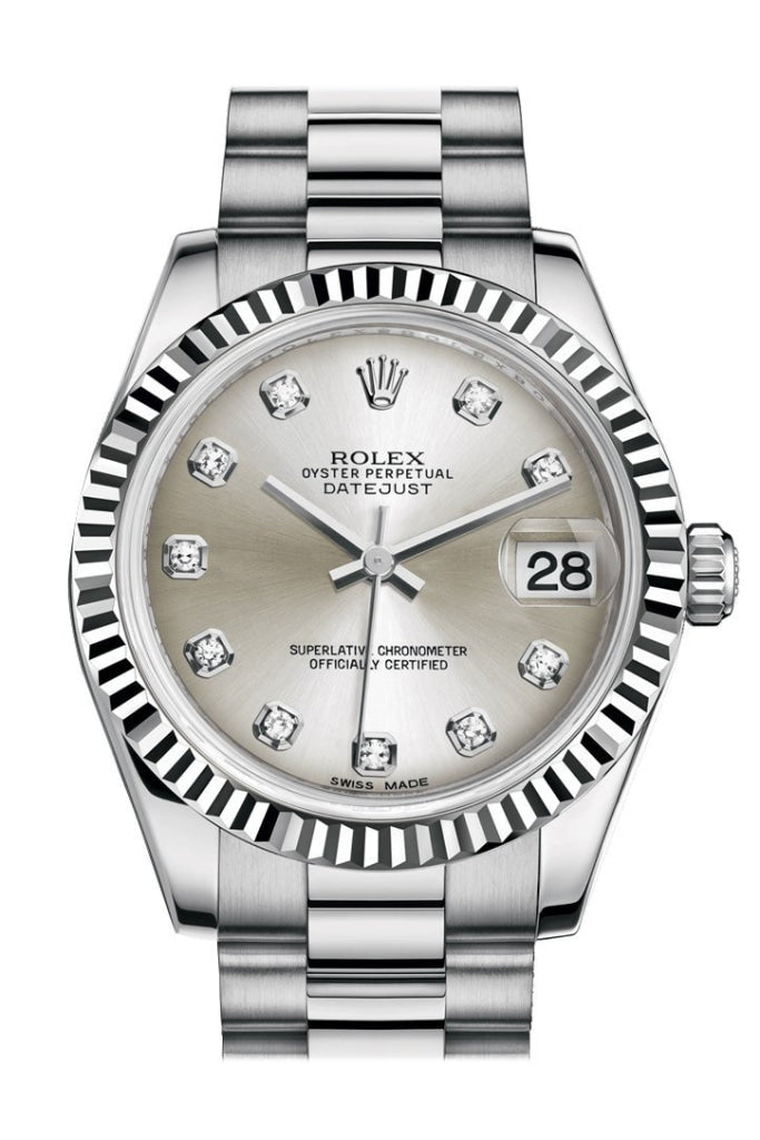 Rolex Datejust 31 Silver Diamond Dial Fluted Bezel 18K White Gold President Ladies Watch 178279 Pre-owned